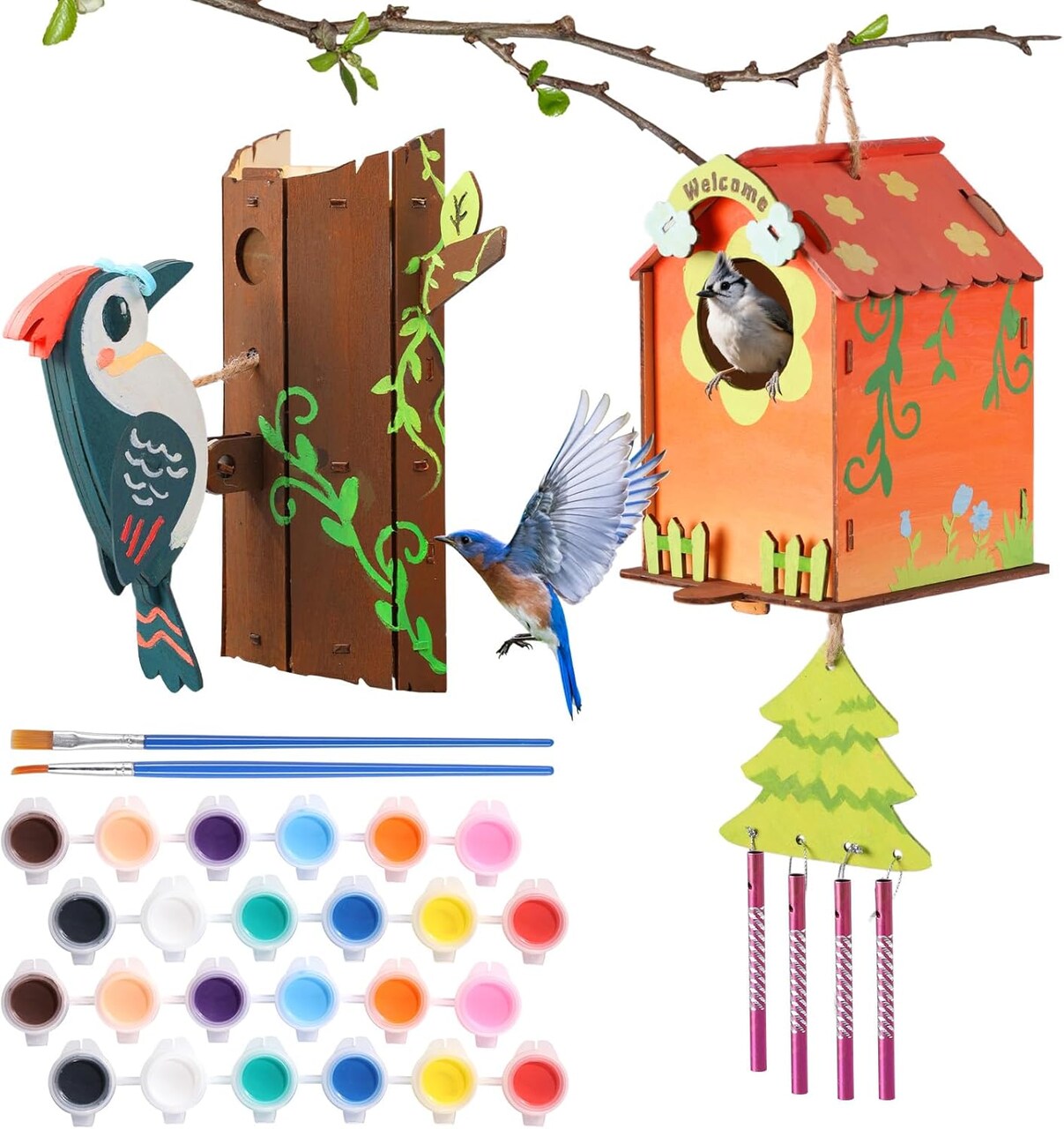 JMMICO Paint Your Own Bird Houses, Wooden Painting Crafts Kits for Kids, Wooden Woodpecker Doorbell & DIY Bird House for Outside, Arts and Crafts for Kids Ages 8-12, Gifts for 8-12 Year Old Girls and Boys